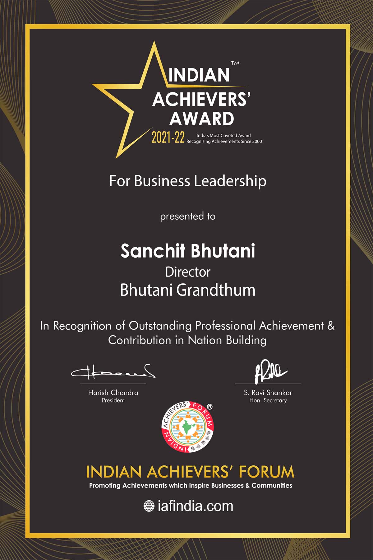 Sanchit Bhutani,Indian Achievers Award,Business Leadership,Bhutani Grandthum,Bhutani Group,Young Entrepreneur 